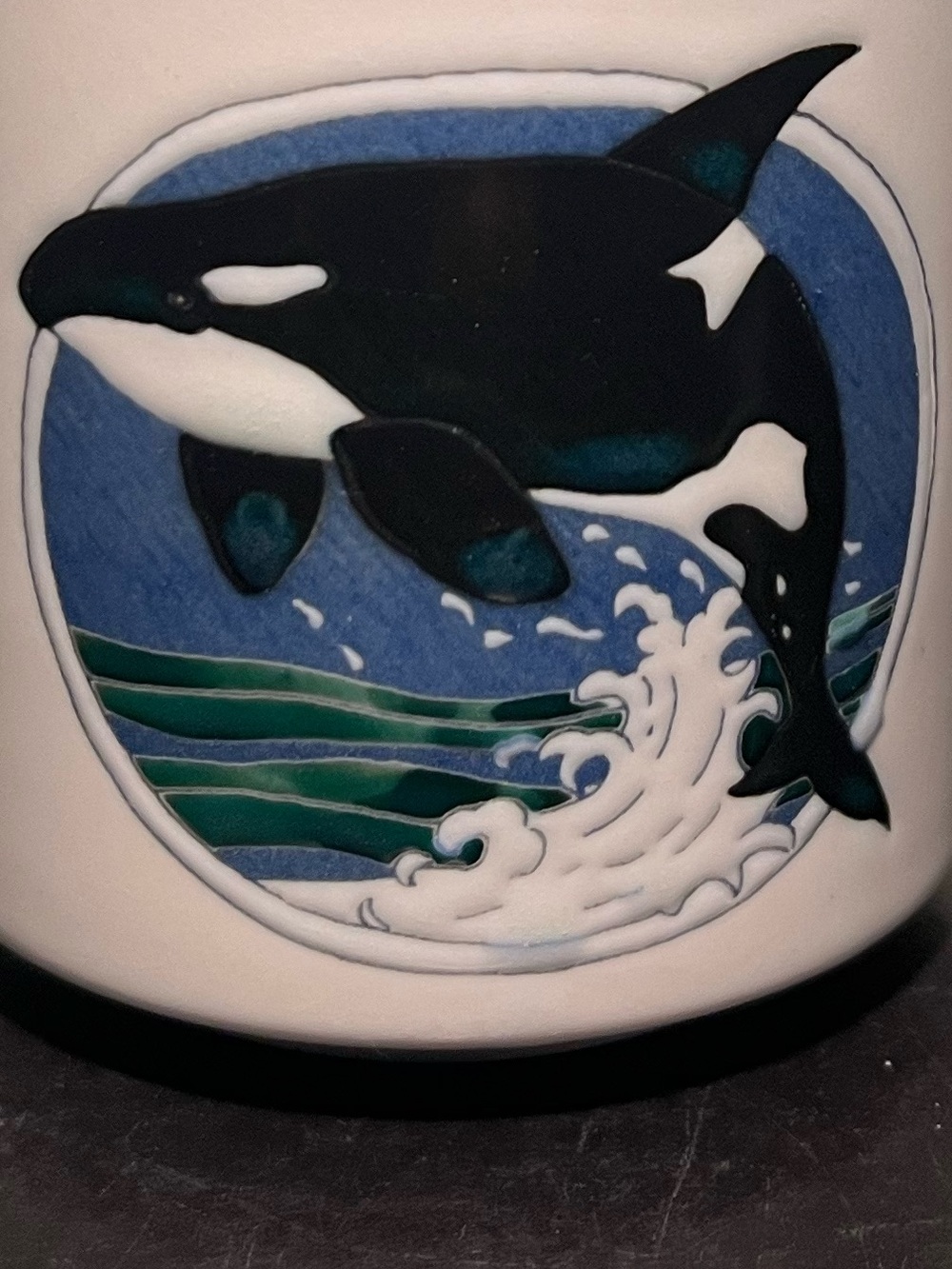 Vintage OTAGIRI Embossed Blue Orca Whale in Textured Ocean Waves Stoneware Mug - Picture 2 of 9